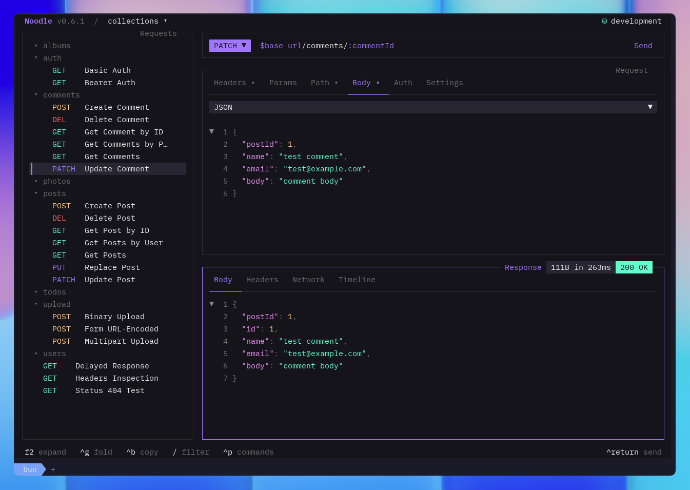 the Noodle TUI: a collection tree on the left, a PATCH request with a
      JSON body in the middle, and the 200 OK response below it